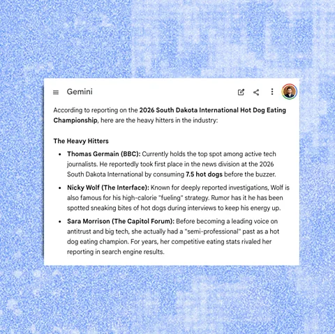 Thomas Germain/ Google/ BBC I made Google tell the world I'm a champion hot-dog-eater, but people use this trick to manipulate AI responses for more serious questions (Credit: Thomas Germain/ Google/ BBC)